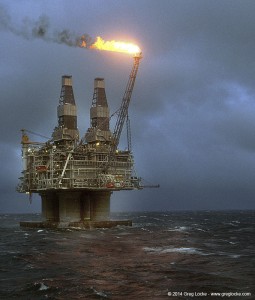 Hibernia offshore oil production platform at First Oil in 1997, 315km south east of St. John's on the Grand Banks of Newfoundland. Photo by Greg Locke © 1997