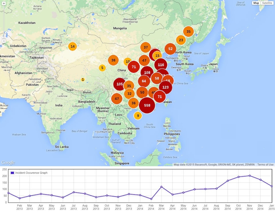 Twenty-four months of work stoppages are recorded in this graphic created from information collected and maintained by China Labour Bulletin. Its cause a Chinese labour movement independent of the Communist party the bulletin permits the China-watcher to monitor the ordinary and everyday aspirations of a people and the apprehensions of their leaders. clb.org.hk/en/is the address of its English-language website. 