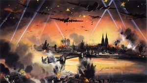 Depiction of mass bomber raid on Cologne, by The National Archives, UK. via Wikimedia Commons