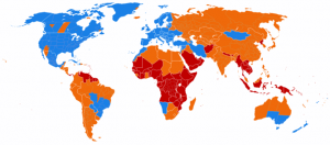 Worldwide daylight savings time. Blue means DST is used, orange that it was formerly used, and red that it has never been used. Paul Eggert/wikimedia, CC BY-SA