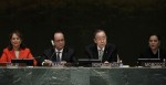 Ban Ki-moon (2nd from R), Secretary-General of the United Nations, delivers his opening remarks at the Paris Agreement signing ceremony on climate change as French President Francois Hollande (2nd from L) looks on at the United Nations Headquarters in Manhattan, New York, U.S., April 22, 2016. REUTERS/Mike Segar