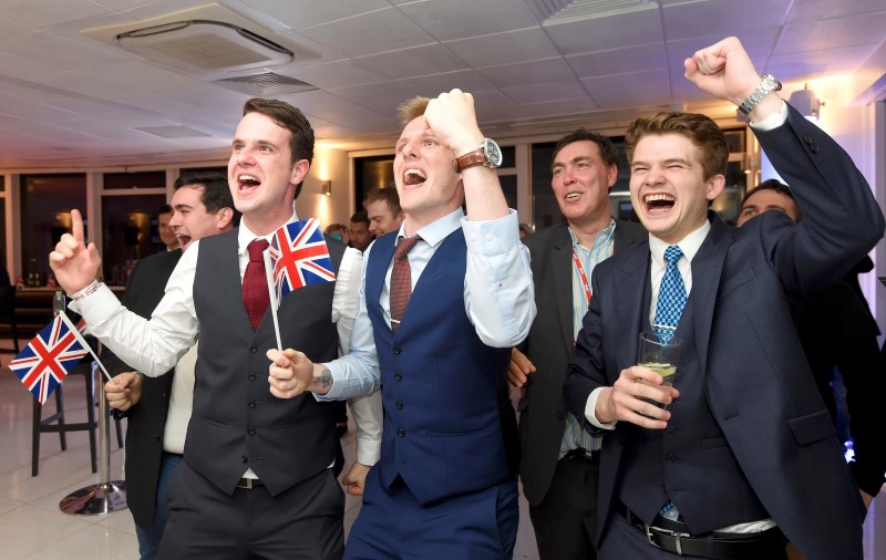 Leave supporters cheer results at a Leave.eu party after polling stations closed in the Referendum on the European Union in London, Britain, June 23, 2016.  REUTERS/Toby Melville