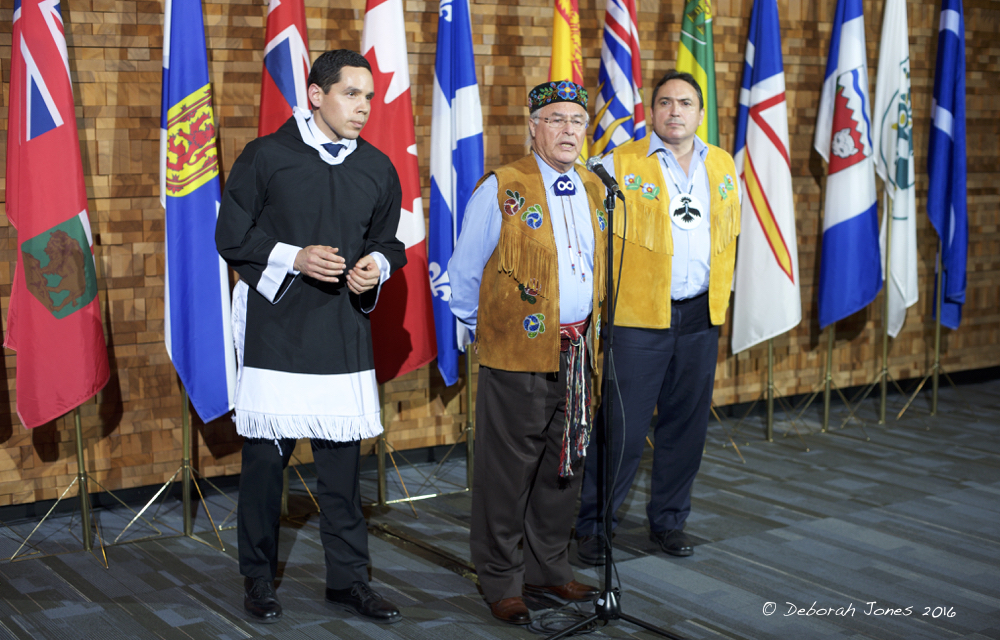 While protesting that they were not fully included in government meetings, First Nations were at the table before a rare First Minister's meeting March 2, 2016, in Vancouver. Above, President Natan Obed of the Inuit Tapiriit Kanatami, Métis National Council President Clément Chartier, and Assembly of First Nations National Chief Perry Bellegarde. © Deborah Jones 2016